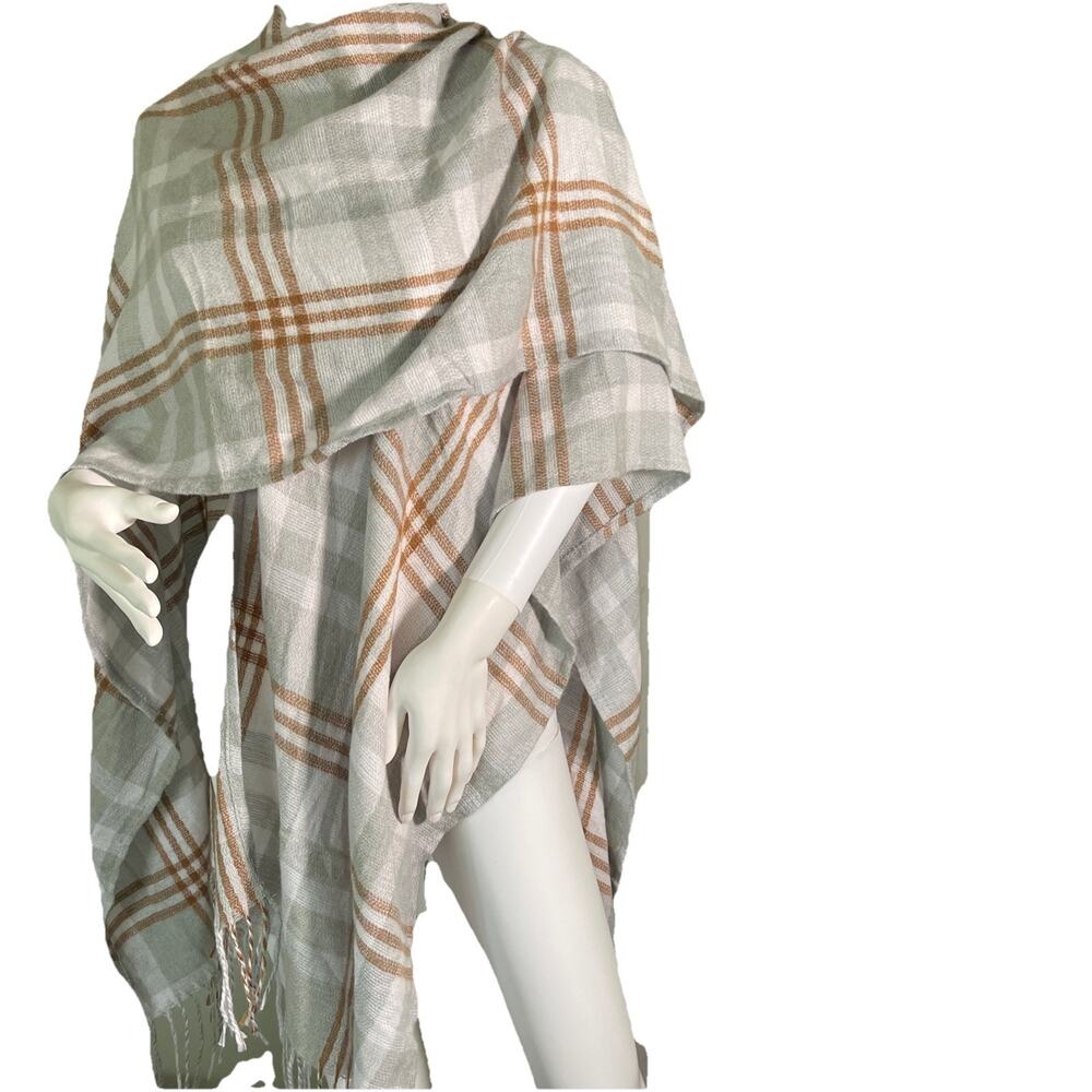 Three Dots Women's Fringe Detail Cashmere Blend Wrap Louisa Plaid Gray
